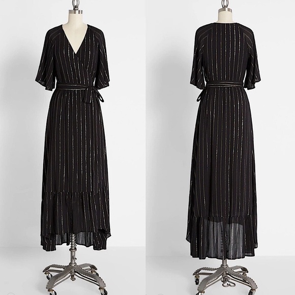 Modcloth Dresses & Skirts - ModCloth Flutter-ly Perfect Gauze Wrap Maxi Dress Black Lurex Metallic 1X‎
